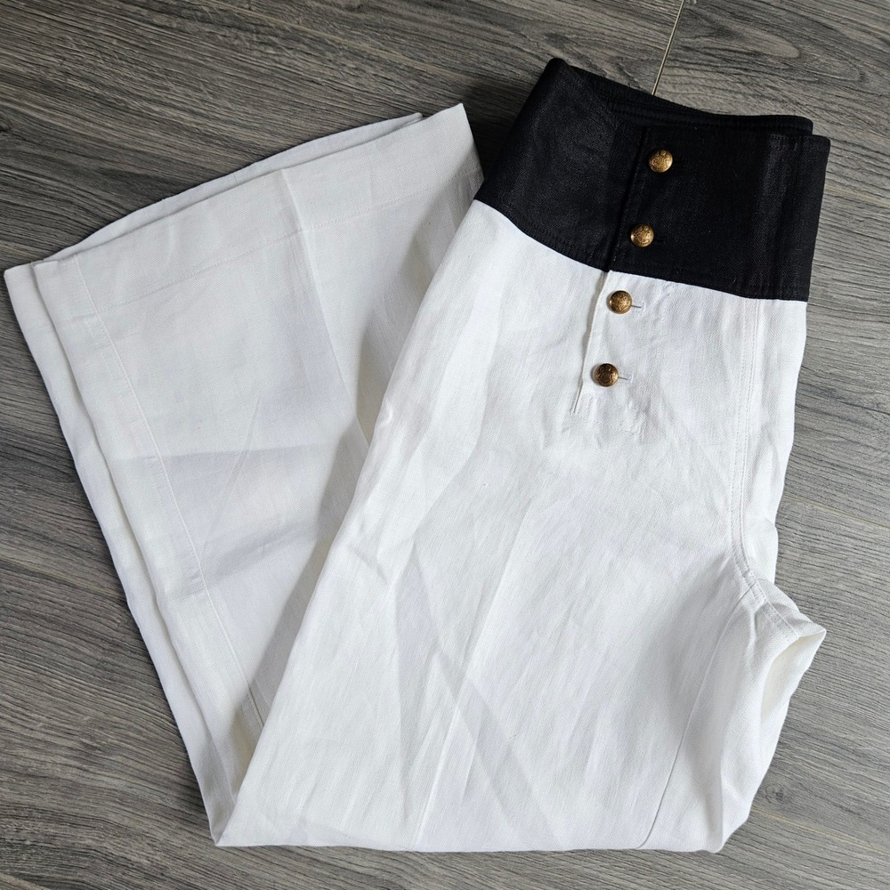 Lauren Ralph Lauren Linen Sailor Pants White Black Wide Leg Gold Button Size 8 - Picture 2 of 11